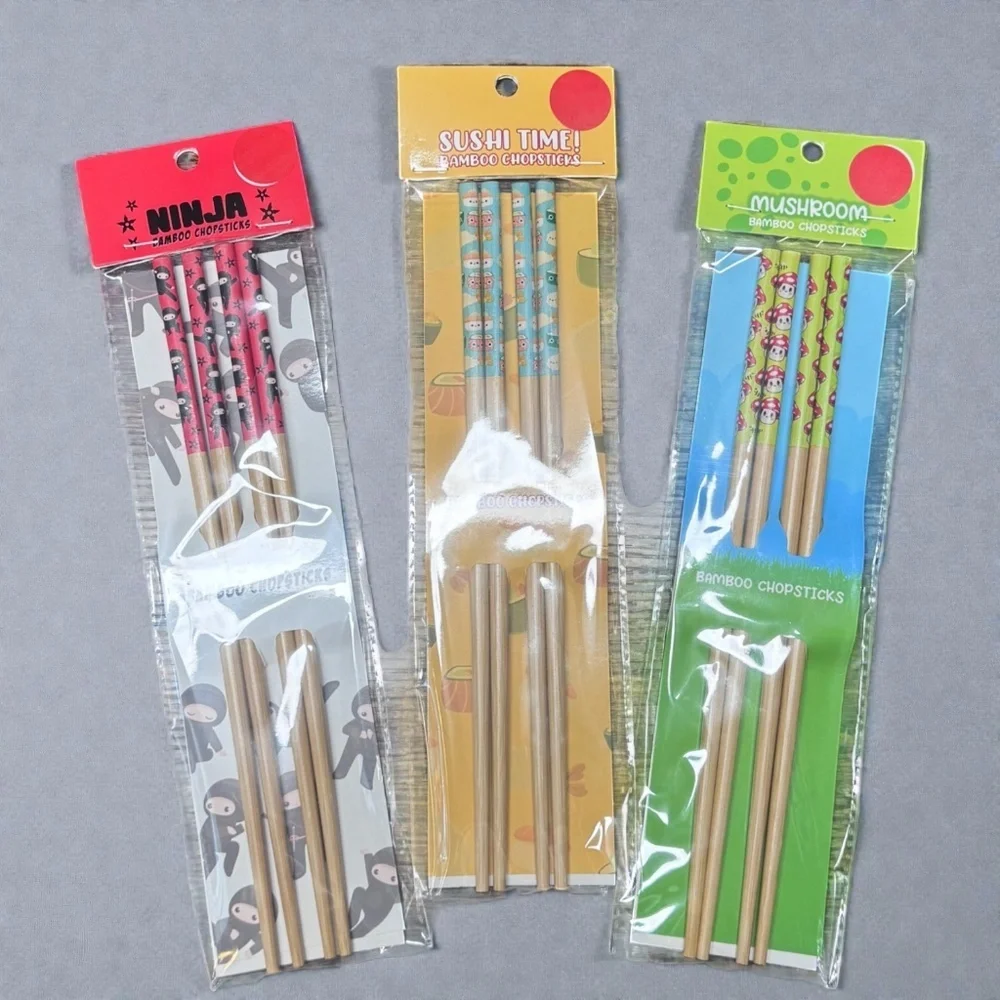 Set of 3 Bamboo Chopsticks, NWT Cute Sushi, Ninja & Mushroom Designs, Reusable